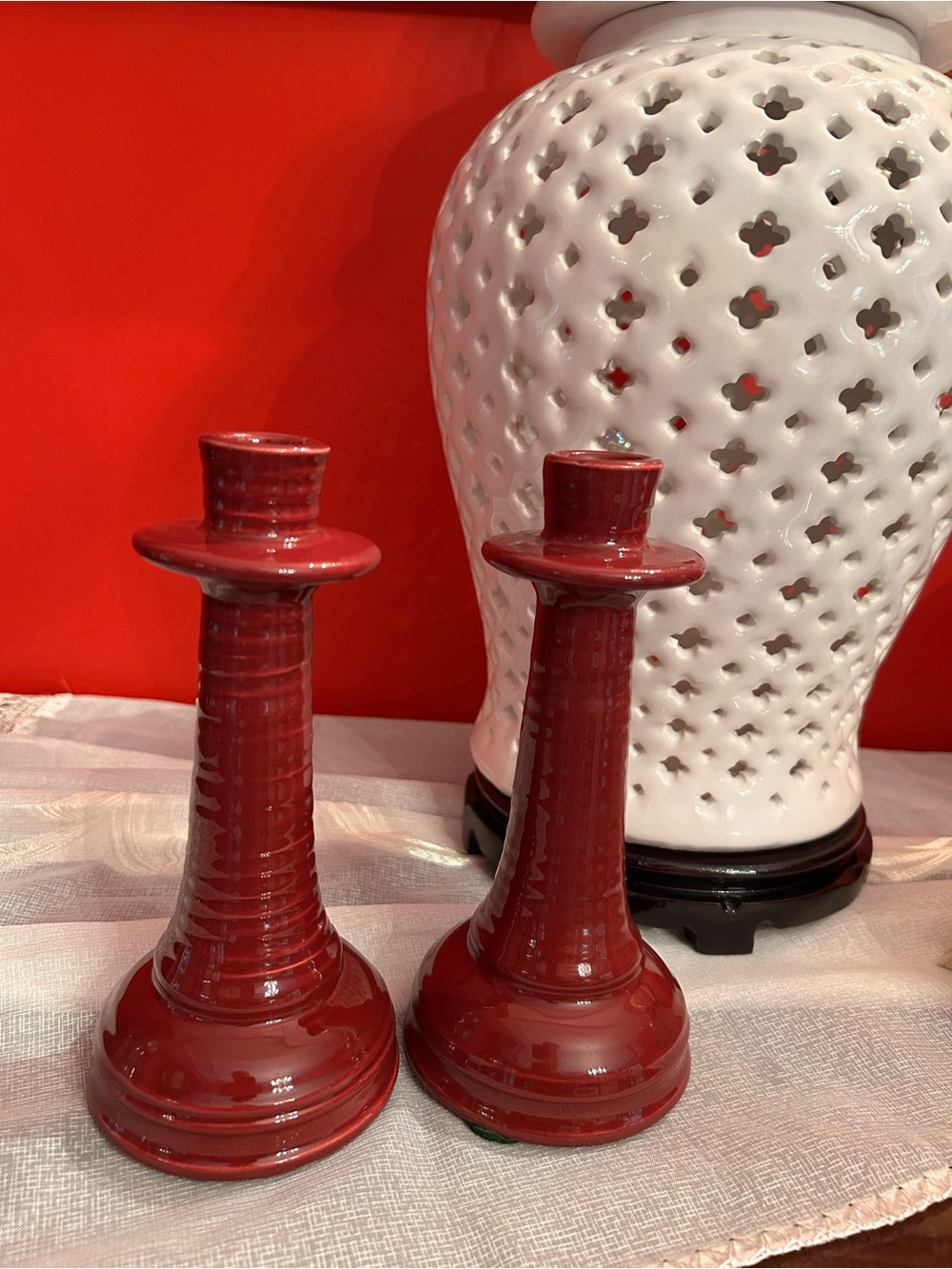 Vintage Mid-Century Modern Ribbed Maroon / Burgundy Ceramic Candlest Holders